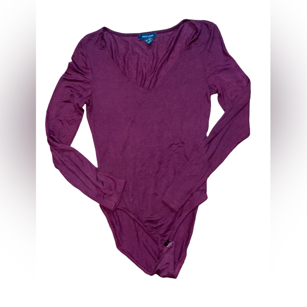 New Look Burgundy Women’s Long Sleeve Body Suit Sz 6 V Neck ASOS
